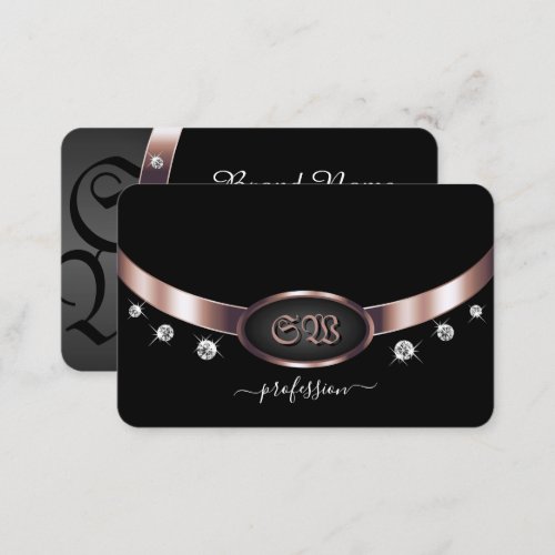 Stylish Black and Rose Gold with Initials Diamonds Business Card