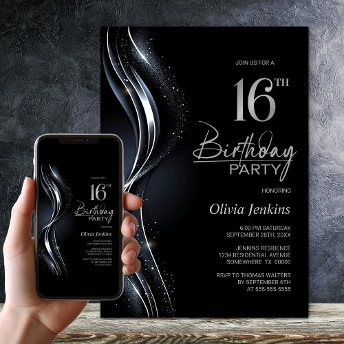 Stylish Black and Silver 16th Birthday Party Invitation