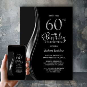 Stylish Black and Silver 60th Birthday Party Invitation