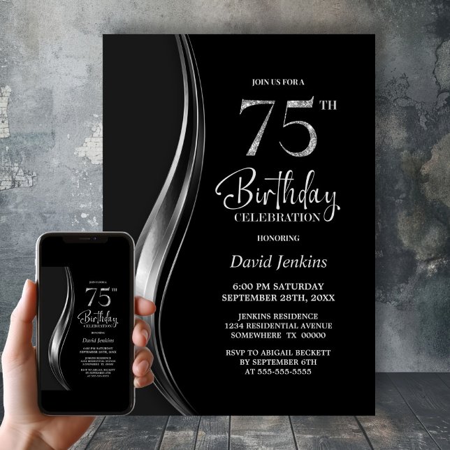 Stylish Black and Silver 75th Birthday Party Invitation (Creator Uploaded)