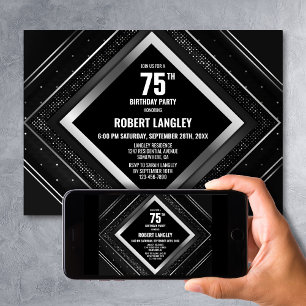 Stylish Black and Silver 75th Birthday Party Invitation