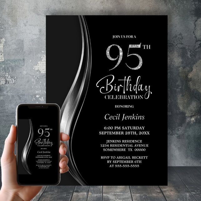 Stylish Black and Silver 95th Birthday Party Invitation (Creator Uploaded)