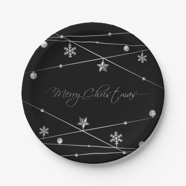 Stylish Black and Silver Christmas Calligraphy Paper Plates (Front)