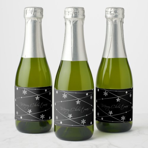 Stylish Black and Silver Christmas Calligraphy Sparkling Wine Label