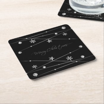 Stylish Black And Silver Christmas Calligraphy Square Paper Coaster by ChristmaSpirit at Zazzle