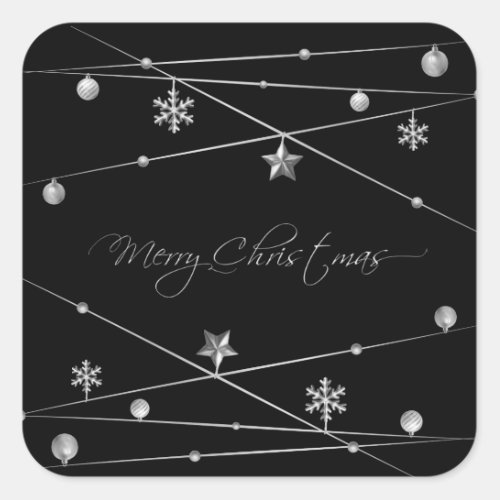 Stylish Black and Silver Christmas Calligraphy Square Sticker