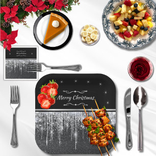 Stylish Black and Silver Merry Christmas Party Paper Plates