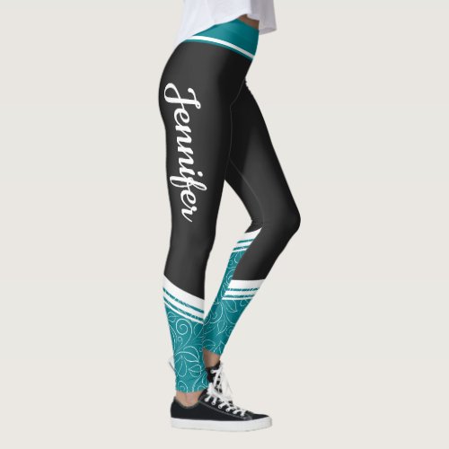 Stylish black and teal blue floral white name leggings