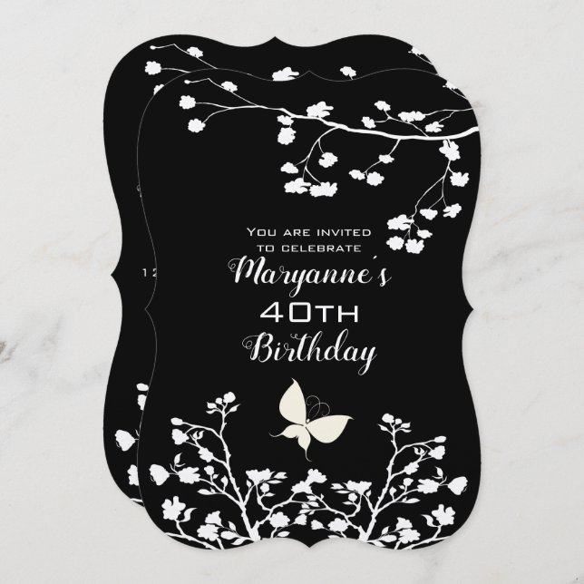 Stylish Black and White Butterfly Birthday Invitation (Front/Back)