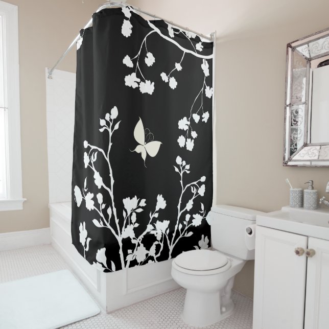 Stylish Black and White Butterfly in the Wild Shower Curtain (In Situ)