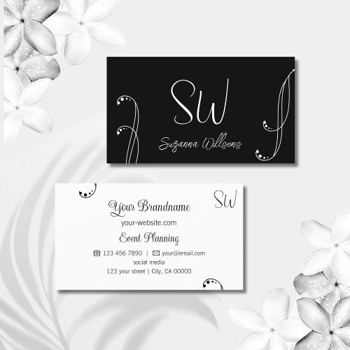 Stylish Black and White Chic Ornate with Monogram Business Card