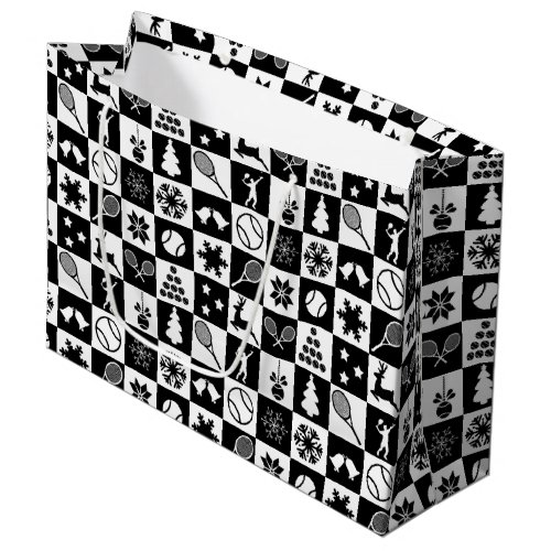 Stylish black and white Christmas tennis Large Gift Bag