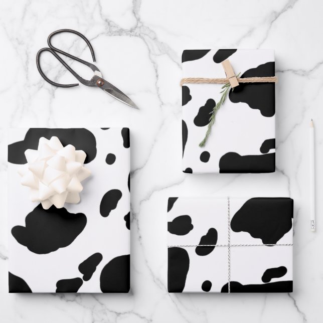 Stylish Black and White Cow Print Pattern Wrapping Paper Sheets (Front)