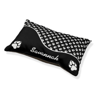 Stylish Black And White Dog Paws Pattern & Name Pet Bed