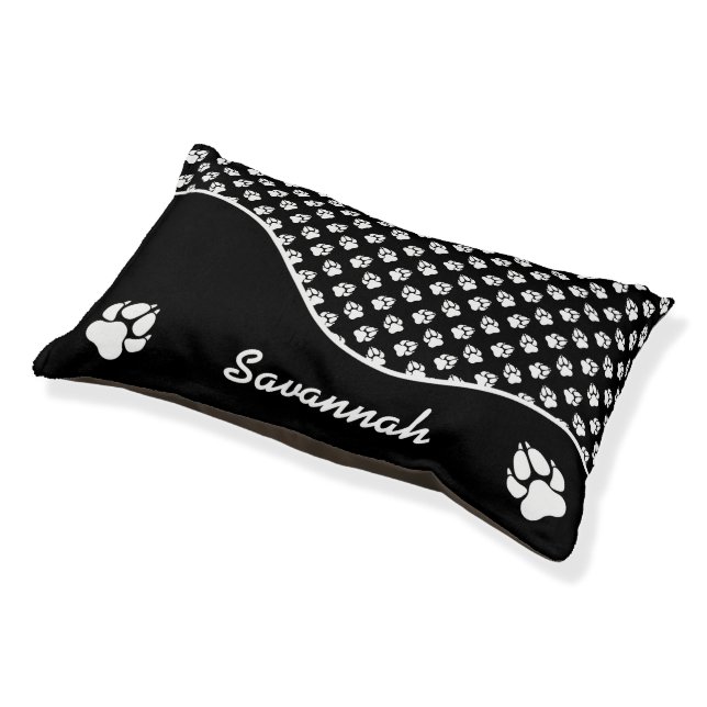 Stylish Black And White Dog Paws Pattern & Name Pet Bed (Angled)
