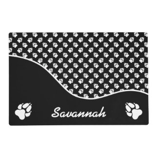 Stylish Black And White Dog Paws Pattern & Name Placemat