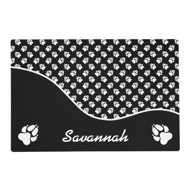 Stylish Black And White Dog Paws Pattern & Name Placemat (Front)