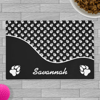 Stylish Black And White Dog Paws Pattern & Name Placemat