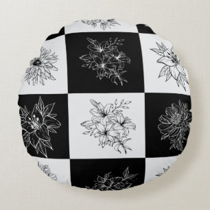 Stylish Black and white Floral checkered aesthetic Round Pillow