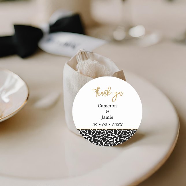 Stylish Black and White Foliage Thank You Classic Round Sticker (Stylish Black and White Foliage Thank You Classic Round Sticker)