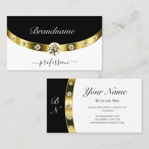 Stylish Black and White Gold Border with Monogram Business Card
