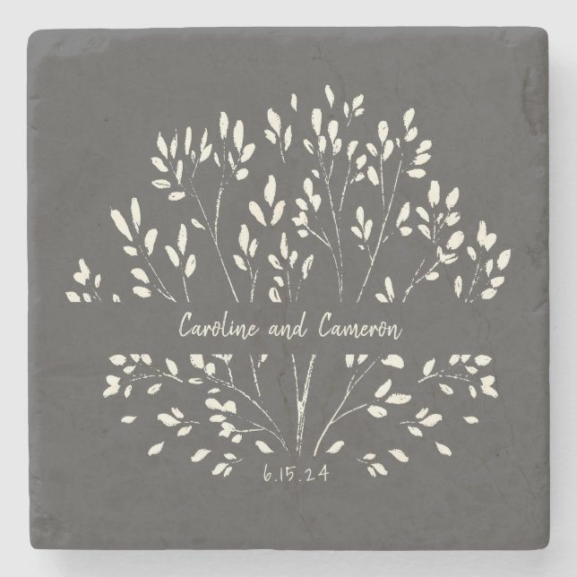 Stylish Black and White Hand Painted Floral  Stone Coaster (Front)