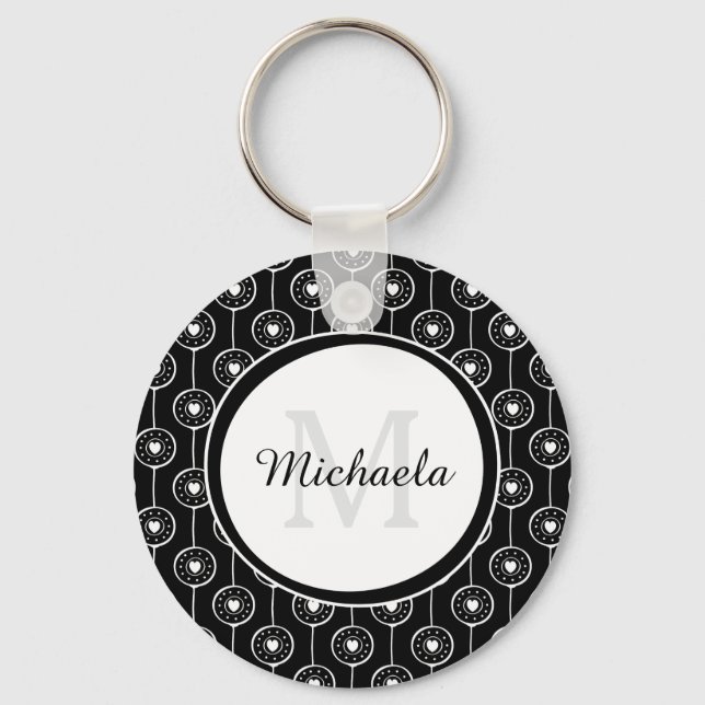 Stylish Black and White Hearts Monogram With Name Keychain (Front)