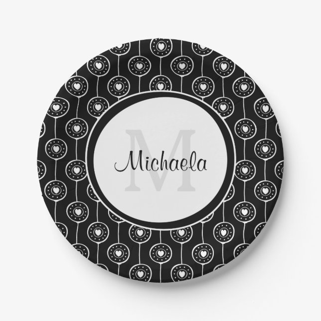Stylish Black and White Hearts Monogram With Name Paper Plates (Front)