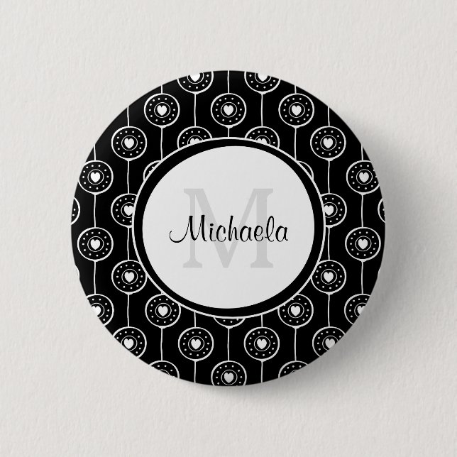 Stylish Black and White Hearts Monogram With Name Pinback Button (Front)