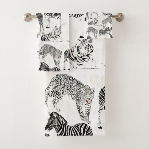 Stylish Black and White Jungle Animals Pattern Bath Towel Set