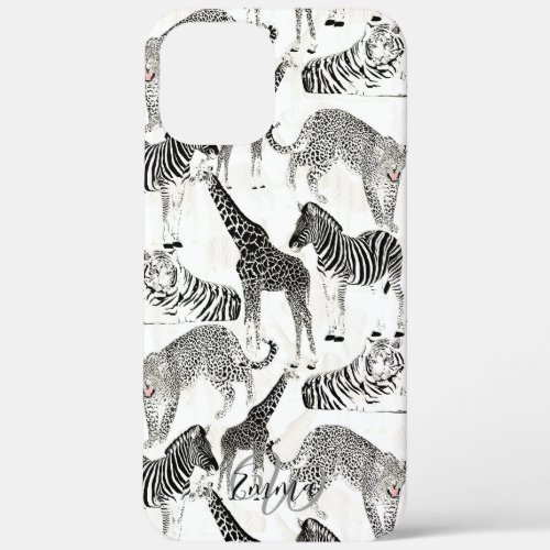 Stylish Black and White Jungle Animals Pattern iPhone 12 Pro Max Case