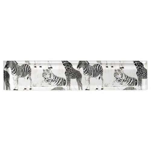 Stylish Black and White Jungle Animals Pattern Desk Name Plate