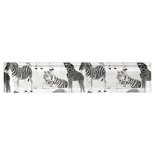 Stylish Black and White Jungle Animals Pattern Desk Name Plate (Front)