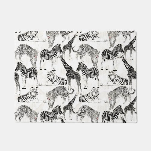Stylish Black and White Jungle Animals Pattern Doormat