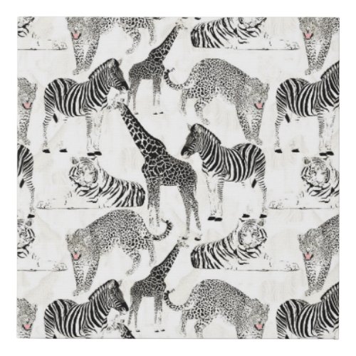 Stylish Black and White Jungle Animals Pattern Faux Canvas Print