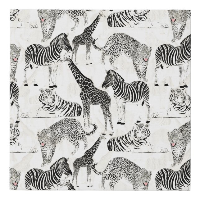 Stylish Black and White Jungle Animals Pattern Faux Canvas Print (Front)