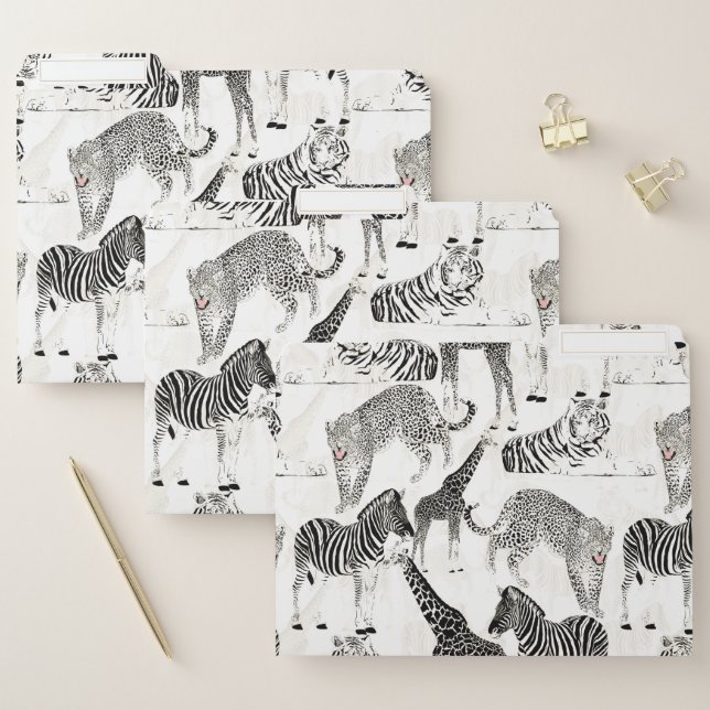 Stylish Black and White Jungle Animals Pattern File Folder (Set)