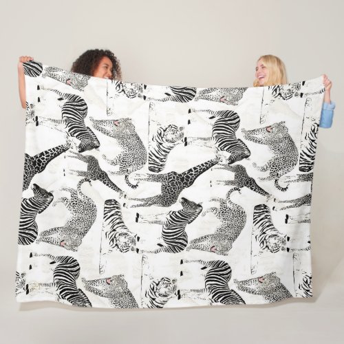 Stylish Black and White Jungle Animals Pattern Fleece Blanket
