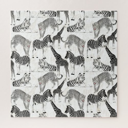 Stylish Black and White Jungle Animals Pattern Jigsaw Puzzle