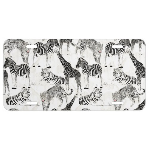 Stylish Black and White Jungle Animals Pattern License Plate