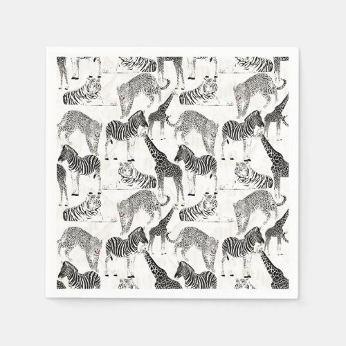 Stylish Black and White Jungle Animals Pattern Napkins