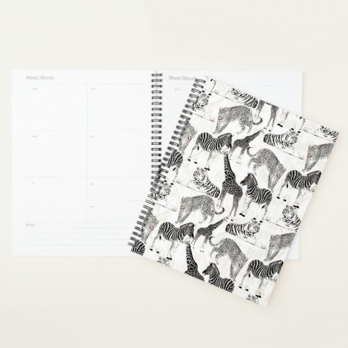 Stylish Black and White Jungle Animals Pattern Planner