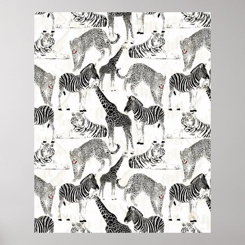 Stylish Black and White Jungle Animals Pattern Poster