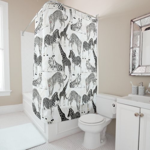 Stylish Black and White Jungle Animals Pattern Shower Curtain