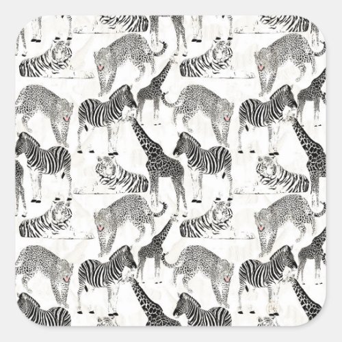 Stylish Black and White Jungle Animals Pattern Square Sticker