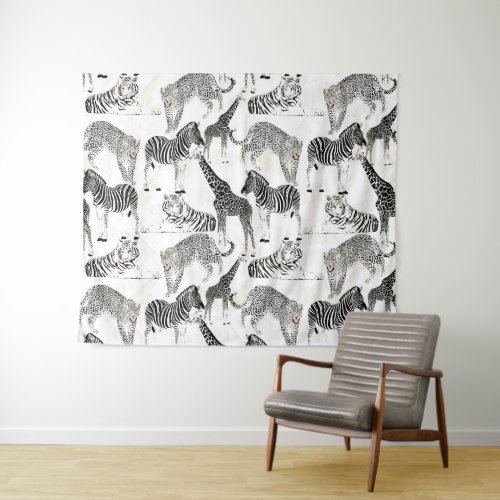 Stylish Black and White Jungle Animals Pattern Tapestry