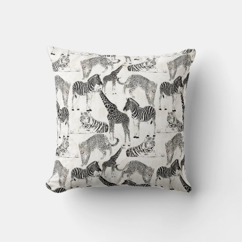Stylish Black and White Jungle Animals Pattern Throw Pillow