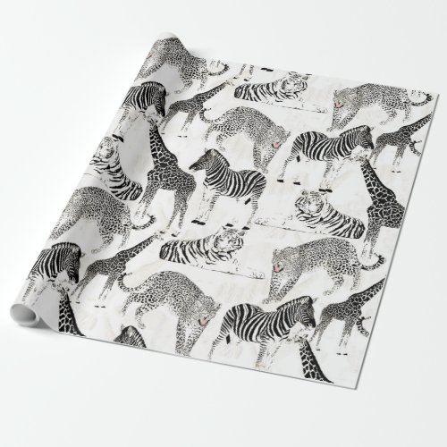 Stylish Black and White Jungle Animals Pattern Wrapping Paper