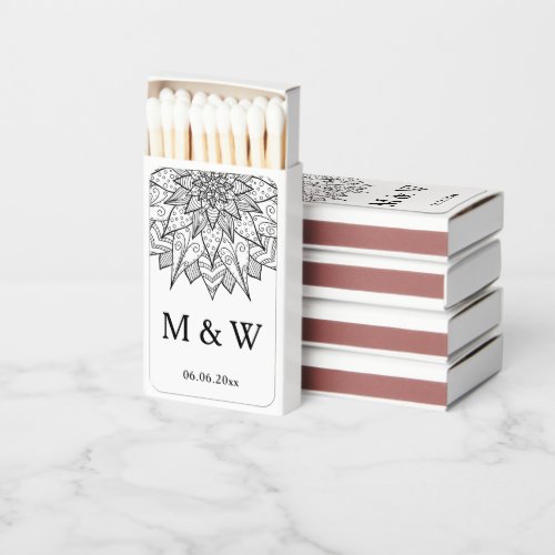 Stylish Black and White Mandala Monogram Wedding Matchboxes