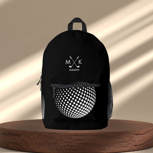 Stylish Black And White Modern Golf Ball Monogram  Printed Backpack